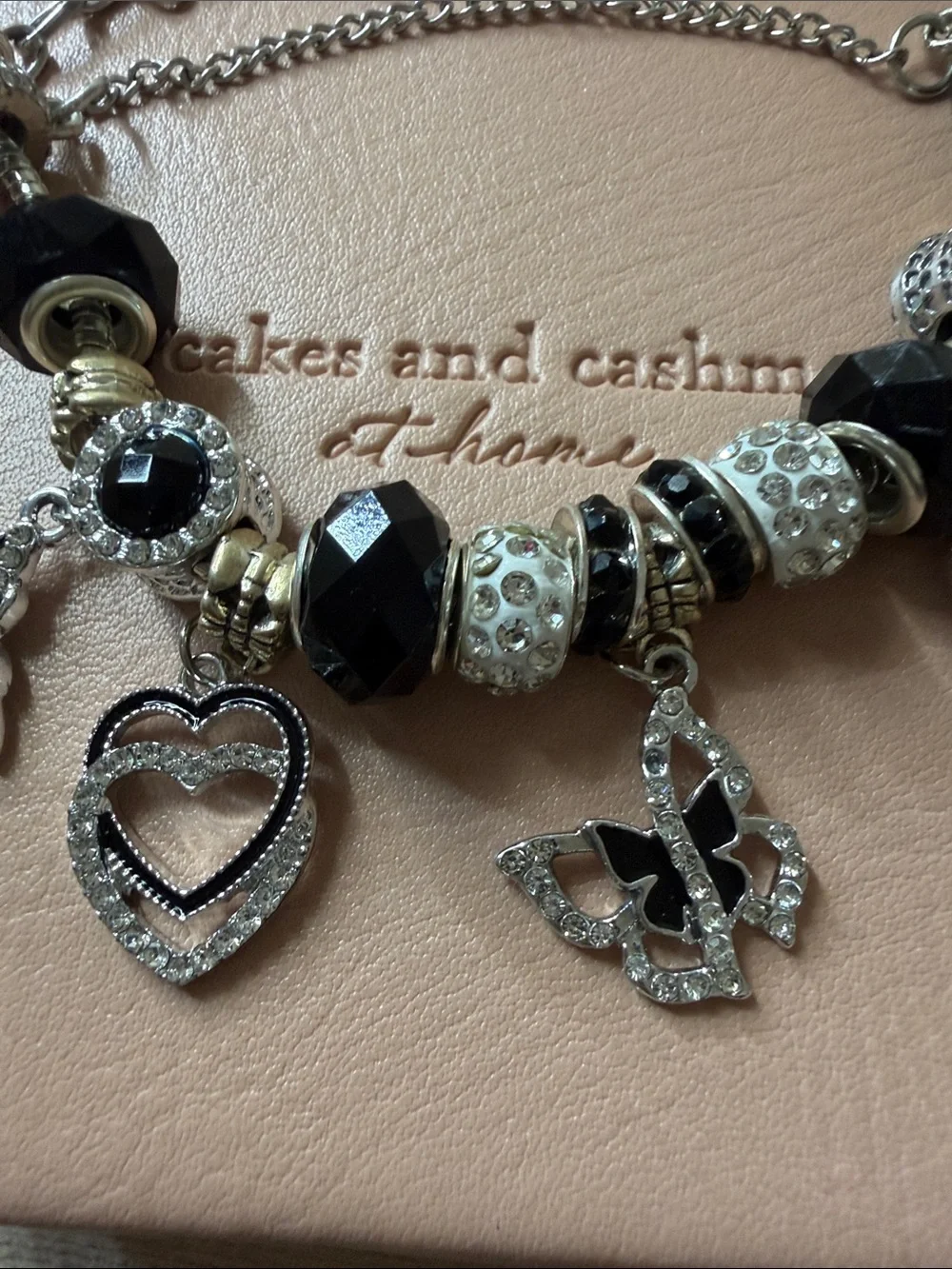 Stainless Silver-tone Black Bead Heart & Butterfly Charm Bracelet - Picture 2 of 10